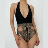 Traje de baño de una pieza con cuello en V, acolchado, estilo halter, de piel de serpiente, ahuecado 
