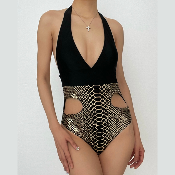 Traje de baño de una pieza con cuello en V, acolchado, estilo halter, de piel de serpiente, ahuecado 