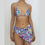 Maillot de bain 3 pièces à imprimé contrasté, dos nu ajouré et noué à la taille 