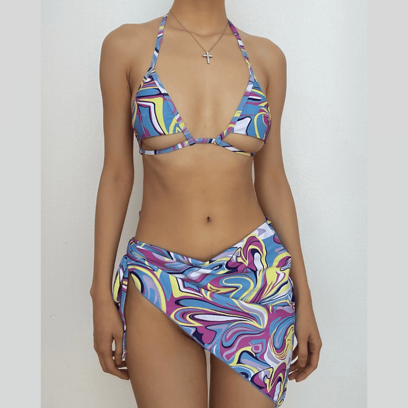 Maillot de bain 3 pièces à imprimé contrasté, dos nu ajouré et noué à la taille 