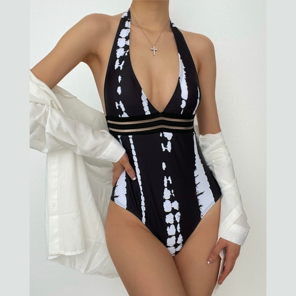 Maillot de bain une pièce à col en V contrasté 