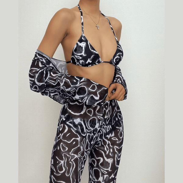 Traje de baño de 4 piezas con relleno, cuello halter y lazo en malla de contraste 