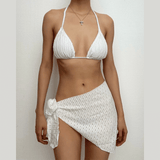 Maillot de bain 3 pièces à nouer et à licou texturé uni 