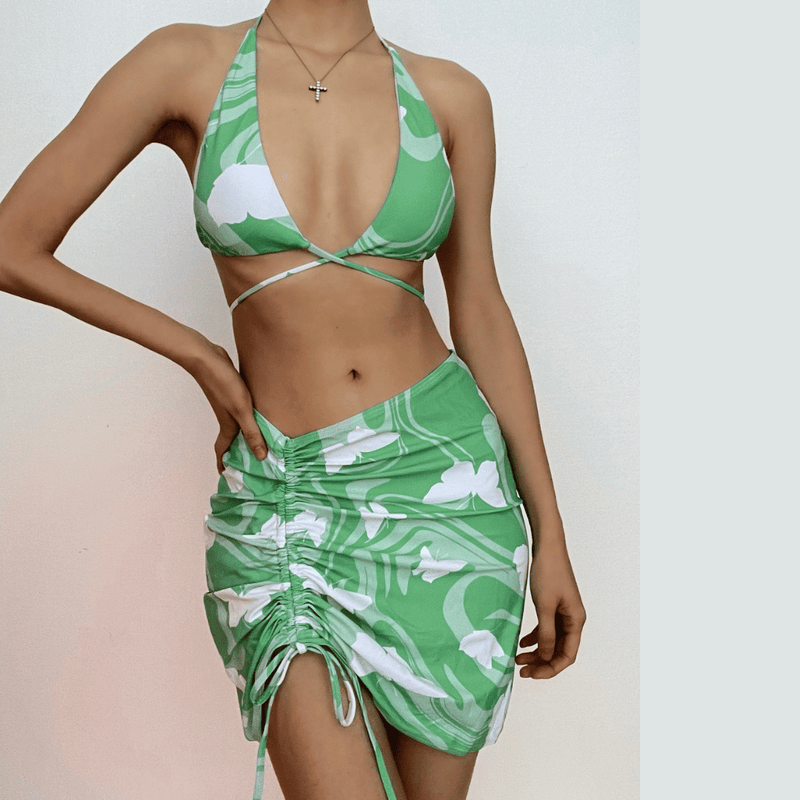 Traje de baño de 3 piezas con cuello halter, cordón cruzado en la parte delantera y estampado de mariposas en contraste 