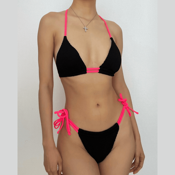 Maillot de bain bikini texturé à nouer et à licou contrasté 
