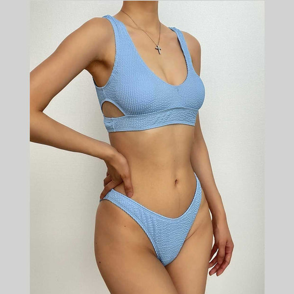 Maillot de bain bikini texturé uni sans manches à col en U ajouré 