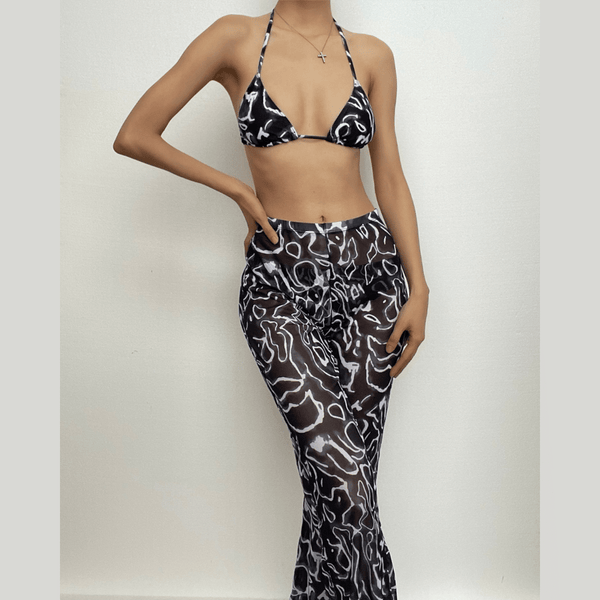 Traje de baño de 4 piezas con relleno, cuello halter y lazo en malla de contraste 