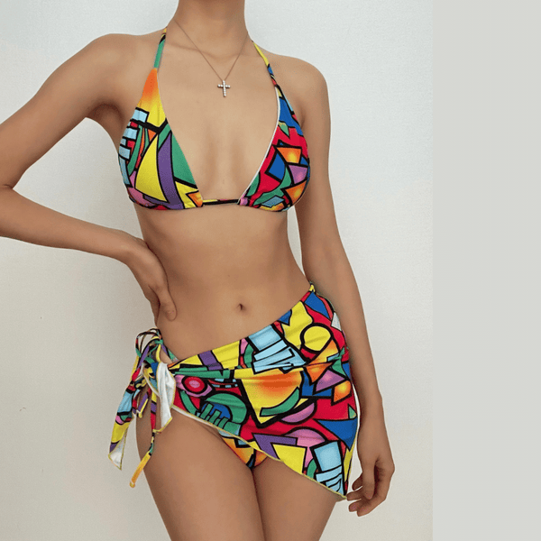 Maillot de bain 3 pièces dos nu à imprimé contrasté et à nouer soi-même 