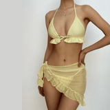 Maillot de bain 3 pièces en maille unie avec licou et liens à nouer 
