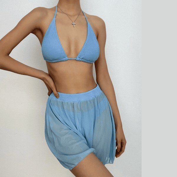 Maillot de bain 3 pièces en maille dos nu à nouer soi-même, texturé et uni 
