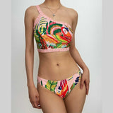 Traje de baño bikini de contraste sin espalda con estampado de hojas de un solo hombro 