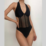 Maillot de bain une pièce dos nu en maille à nouer sur le devant et à licou croisé 