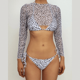 Maillot de bain 3 pièces léopard à manches longues et col licou contrasté 