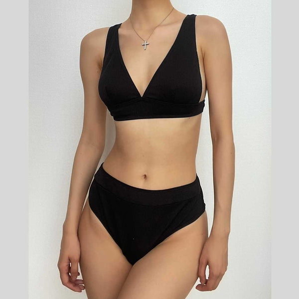 Traje de baño bikini con cuello en V sólido, acolchado y sin espalda 