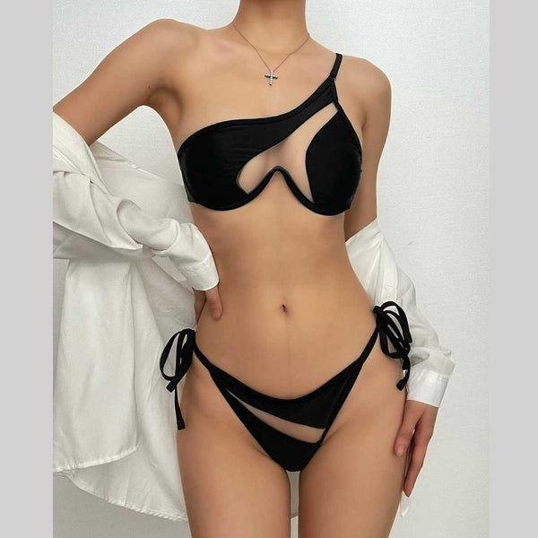 Maillot de bain bikini à une épaule en patchwork de maille avec boutons et nœuds 