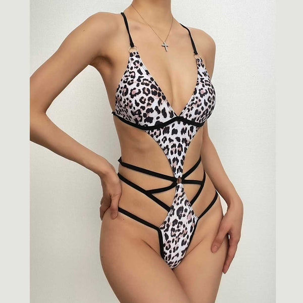 Traje de baño bikini con espalda descubierta, acolchado y estampado de leopardo en contraste 