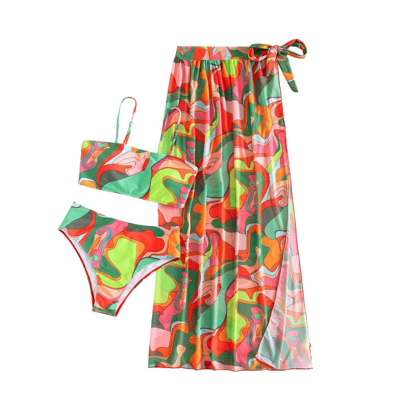 Maillot de bain 3 pièces en maille à imprimé contrasté, dos nu et noué 