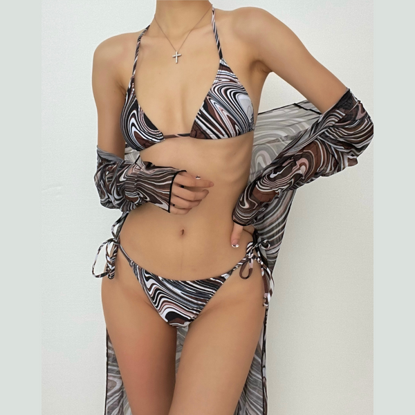Traje de baño de 3 piezas con cuello halter, manga larga y estampado de malla con contraste ondulado 