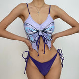 Maillot de bain bikini à motif papillon avec cordon de serrage contrasté et noué à la taille 