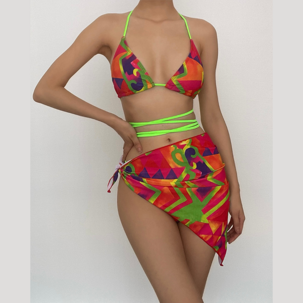 Maillot de bain 3 pièces à imprimé contrasté et à nouer soi-même 