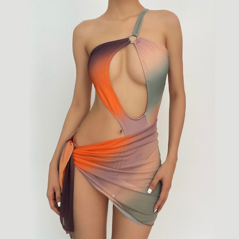 Traje de baño de una pieza con un hombro en contraste, ahuecado y anillo en O con falda de playa 