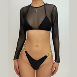 Maillot de bain 3 pièces en maille solide, rembourré, avec anneau en O et lien à nouer, croisé sur le devant 