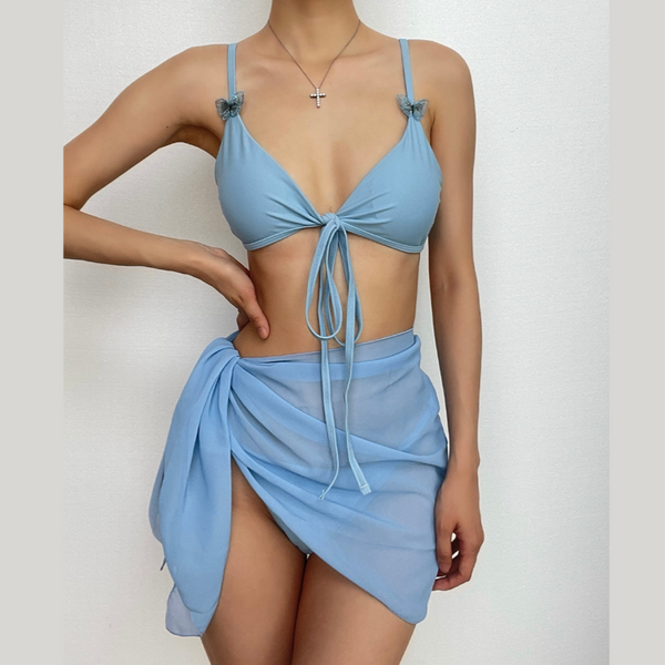 Maillot de bain 3 pièces uni à nouer soi-même et appliqué papillon irrégulier 