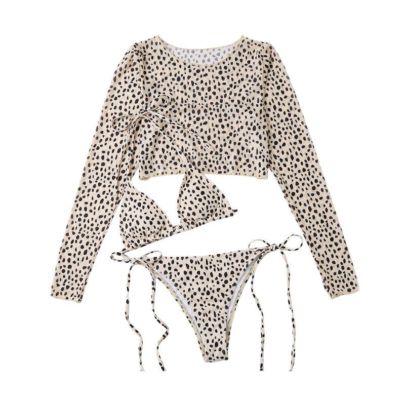 Maillot de bain 3 pièces léopard à manches longues et col licou contrasté 