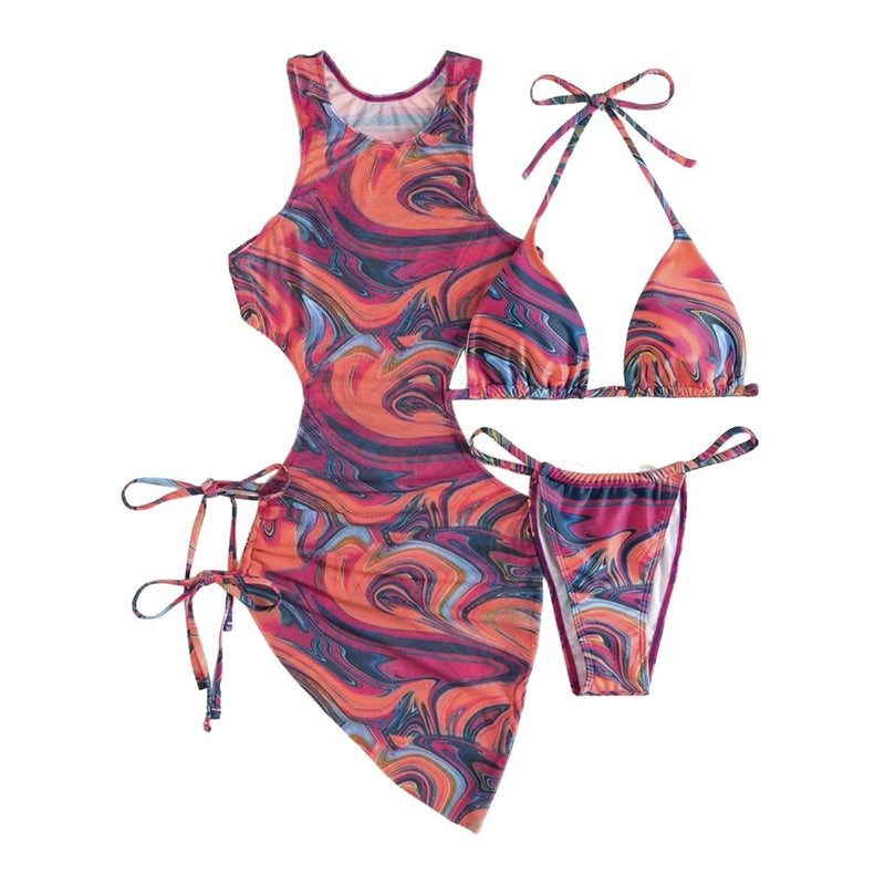 Traje de baño de 3 piezas con cuello halter, ahuecado, de malla con estampado en contraste y lazo 