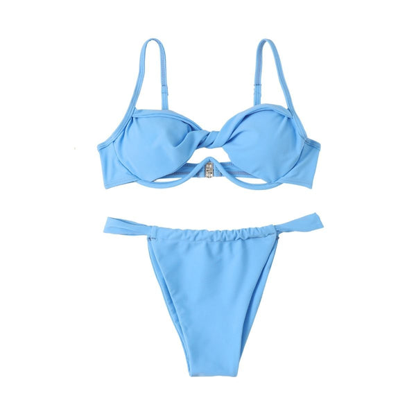 Maillot de bain bikini dos nu froncé à boutons solides et noués 