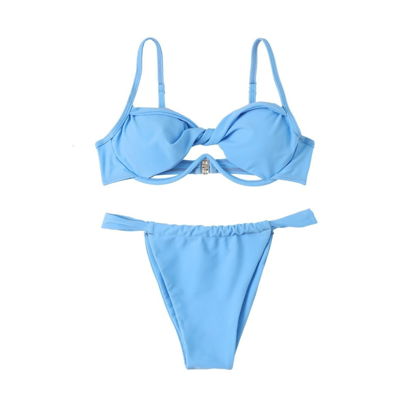 Maillot de bain bikini dos nu froncé à boutons solides et noués 