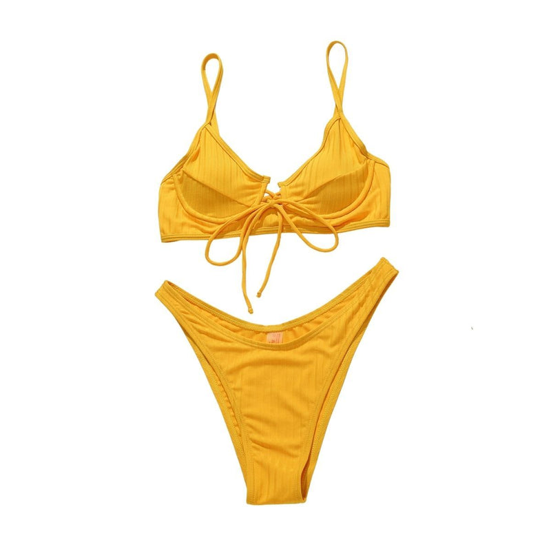Maillot de bain bikini dos nu uni rembourré avec boucle à nouer dans le col en V 