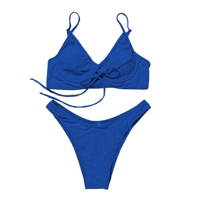 Maillot de bain bikini dos nu uni rembourré avec boucle à nouer dans le col en V 