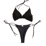 Traje de baño bikini con cuello halter de perlas, sin espalda, liso, con lazo 