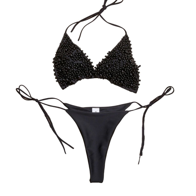 Traje de baño bikini con cuello halter de perlas, sin espalda, liso, con lazo 