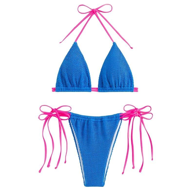 Maillot de bain bikini texturé à nouer et à licou contrasté 