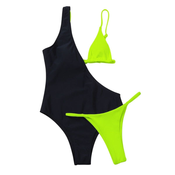 Maillot de bain 3 pièces à bretelles contrastées et irrégulières 
