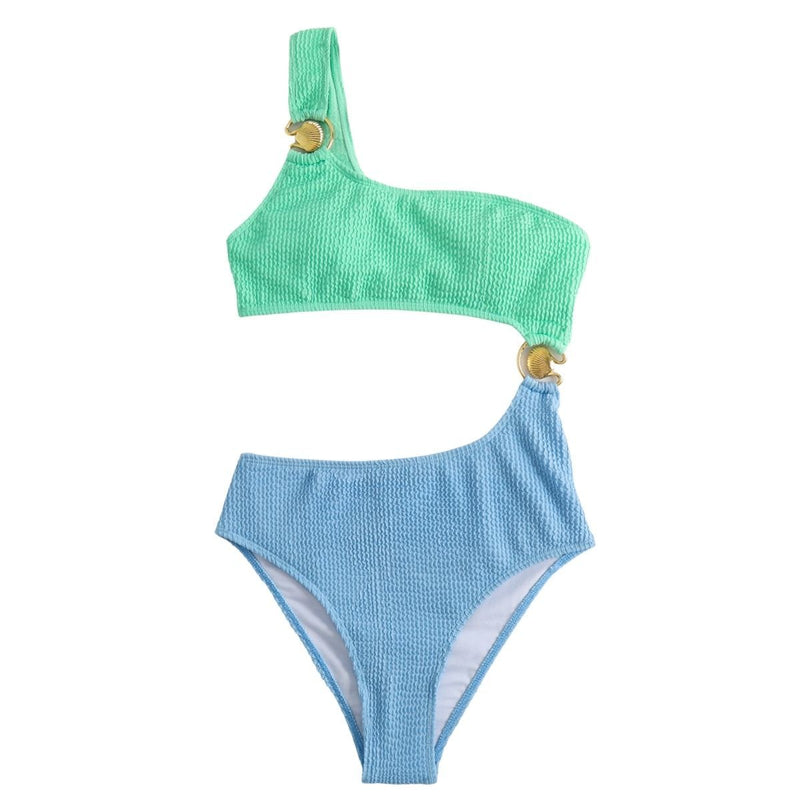 Maillot de bain une pièce texturé contrasté à une épaule et anneau en O ajouré 