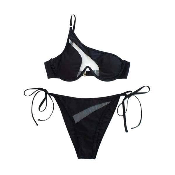 Maillot de bain bikini à une épaule en patchwork de maille avec boutons et nœuds 