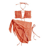 Traje de baño de tres piezas con cuello halter fruncido y lazo, liso, sin espalda 