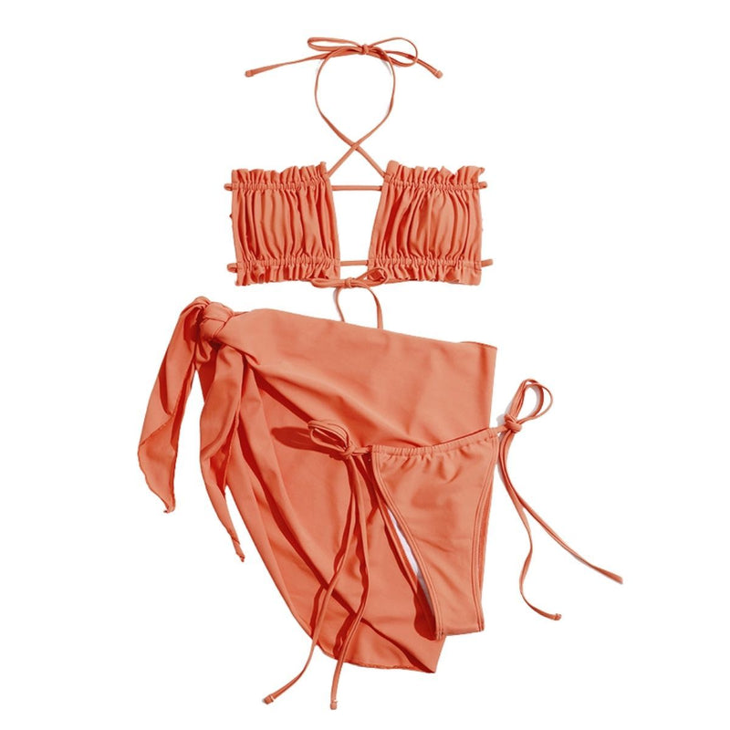 Traje de baño de tres piezas con cuello halter fruncido y lazo, liso, sin espalda 