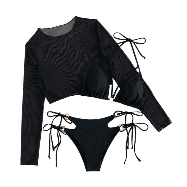 Maillot de bain 3 pièces en maille à manches longues et col licou uni à nouer soi-même 