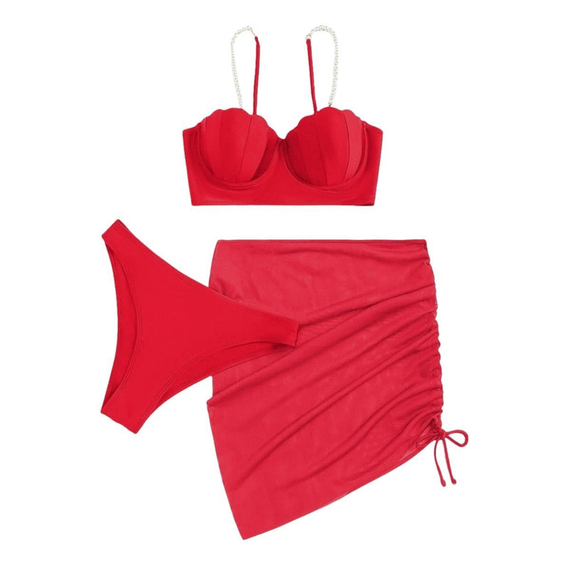 Traje de baño de 3 piezas con espalda descubierta, acolchado y cordón de malla con perlas 