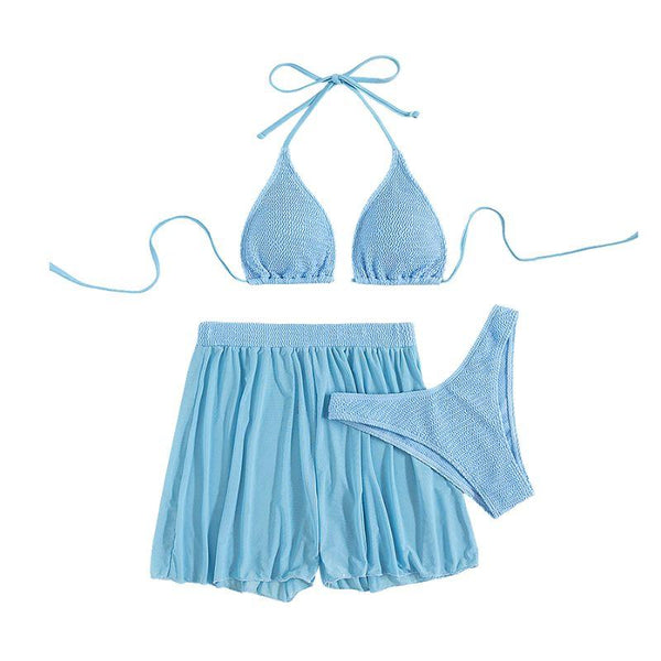 Maillot de bain 3 pièces en maille dos nu à nouer soi-même, texturé et uni 