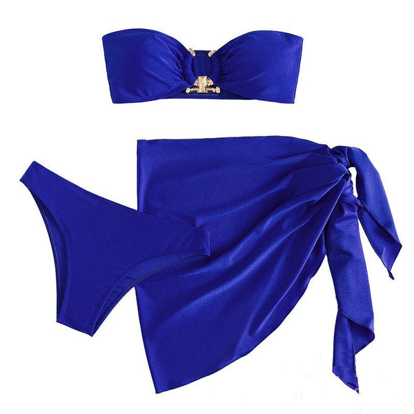 Maillot de bain 3 pièces tube noué dos nu avec anneau en O solide 