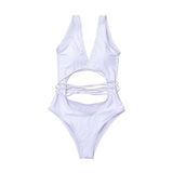 Self tie v neck sleeveless backless one piece swimwear