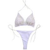 Traje de baño bikini con cuello halter de perlas, sin espalda, liso, con lazo 