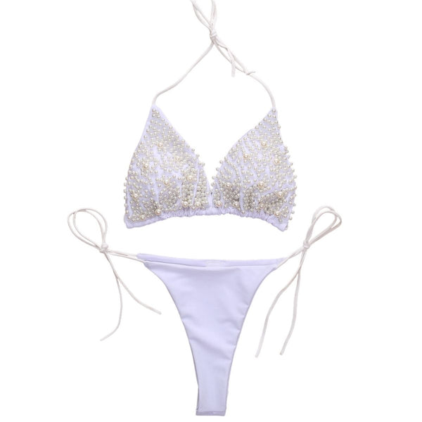 Traje de baño bikini con cuello halter de perlas, sin espalda, liso, con lazo 