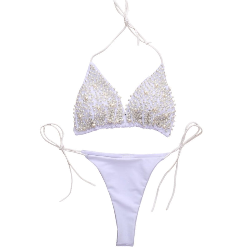 Traje de baño bikini con cuello halter de perlas, sin espalda, liso, con lazo 