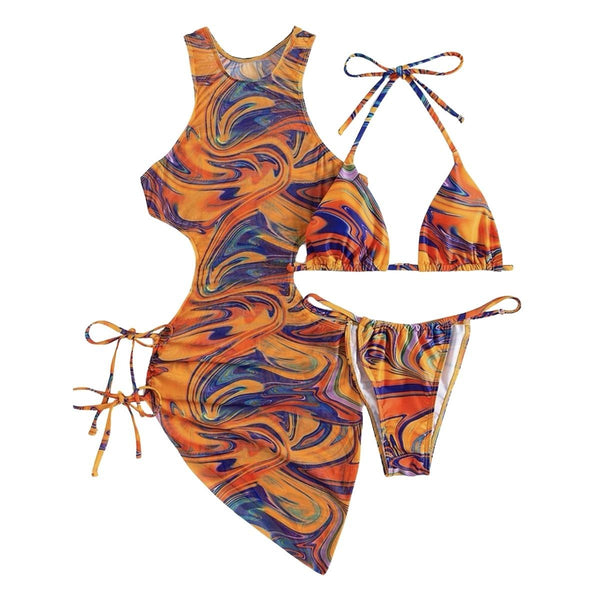 Traje de baño de 3 piezas con cuello halter, ahuecado, de malla con estampado en contraste y lazo 